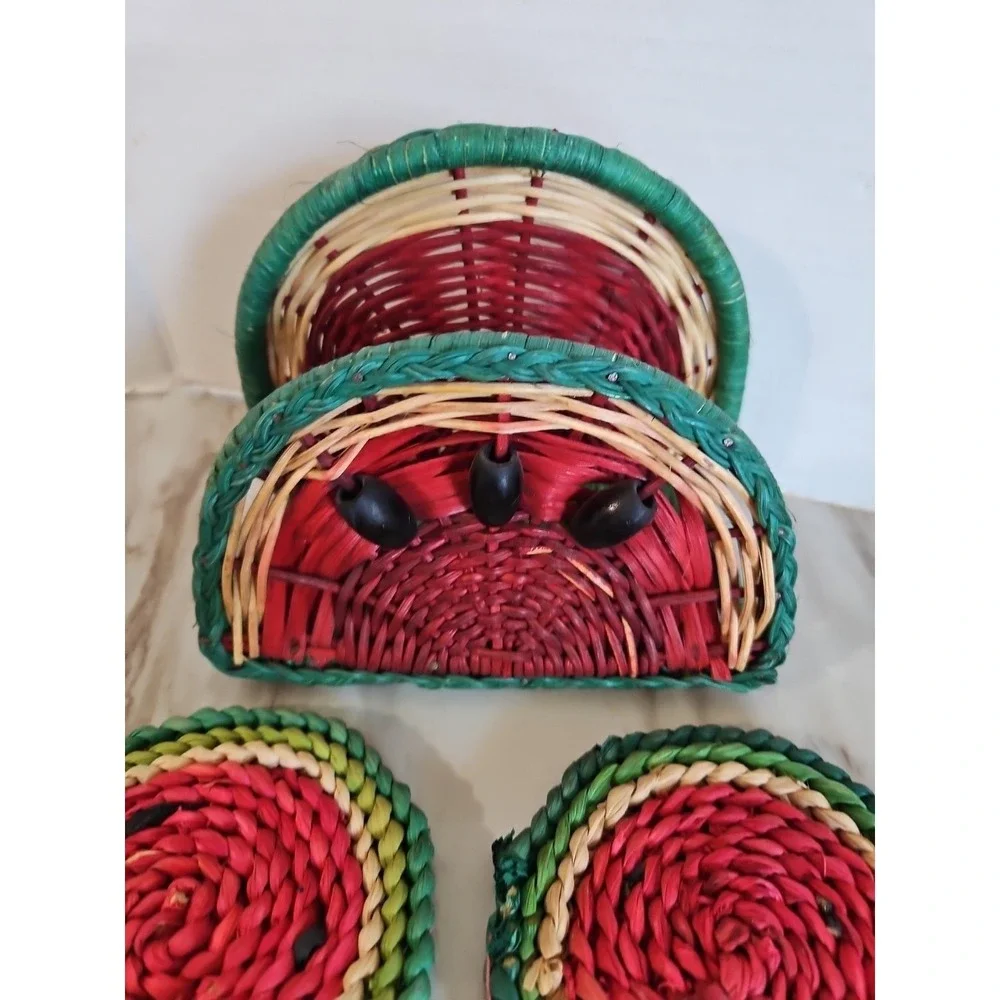 VTG Watermelon Napkin Holder Black Wooden Beads Coasters Summer BBQ Picnic